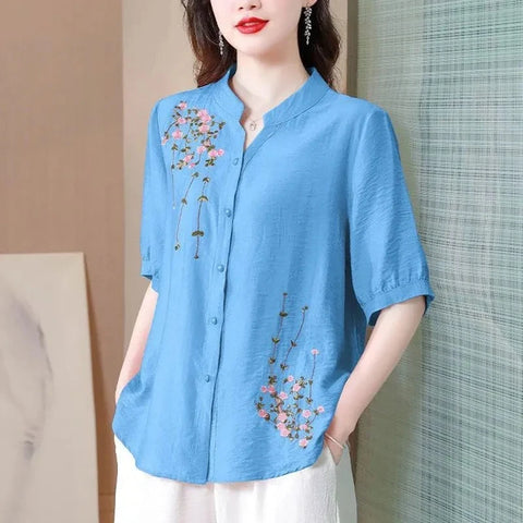 Embroidered V-Neck Summer Cotton Linen Blouse Women’s Short Sleeve Loose Cardigan Top Plus Size 4XL