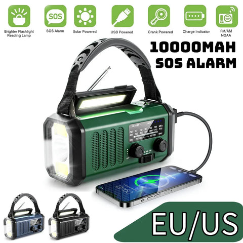 10,000mAh Solar Hand Crank Weather Radio with USB Charging, Emergency LED Flashlight, NOAA FM/AM/WB Power Bank