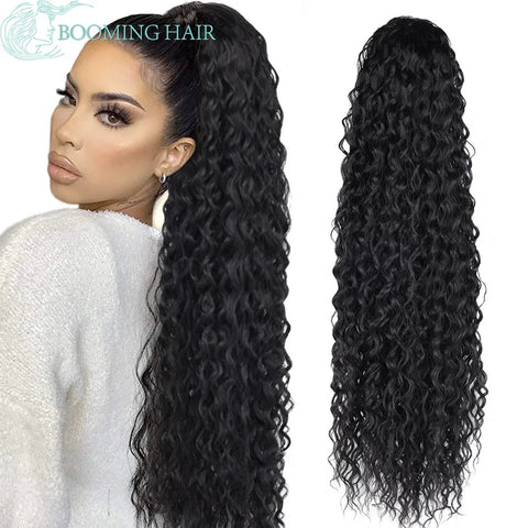 Curly Synthetic Drawstring Ponytail Extensions 32" Water Wave Afro Clip-In Wig Hairpiece