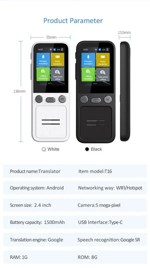 Portable T16 AI Voice Translator: 138 Languages, Real-Time, 3.1" Screen, Offline Capability, Voice Record