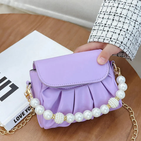 Beaded Chain Crossbody Bag - Pleated PU Leather Small Shoulder & Coin Purse Cute Princess Handbag