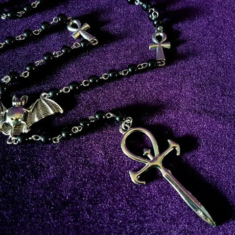Gothic Bead Necklace Vampire Ankh Rosary Pendant Bat Cross Occult Emo Punk Necklace