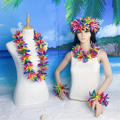 Colorful Hawaiian Flower Leis Set for Luau Party, Hula Dance, Summer Decorations