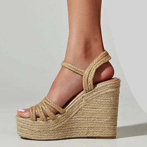 Bohemian Peep Toe Wedge Sandals, Platform Ankle Strap, High Heel Comfort Shoes with Rope Sole