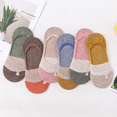 5 Pairs Women's Summer Harajuku Embroidered Striped Cartoon Rabbit No-Show Socks Breathable Casual Ladies Boat Socks