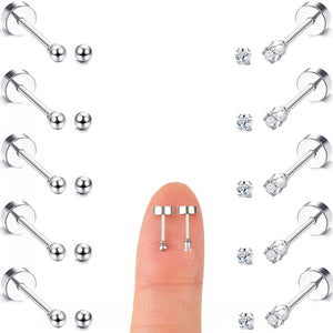 10 Pair 2mm CZ Flat Back Screw Stud Earrings Surgical Steel Cartilage Earrings for Women Men