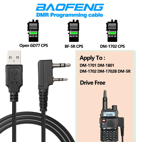 Digital DMR Radio USB Cable for DM-1701 1702 1801 5R RD-5R (Driver-Free, Tier I & II)