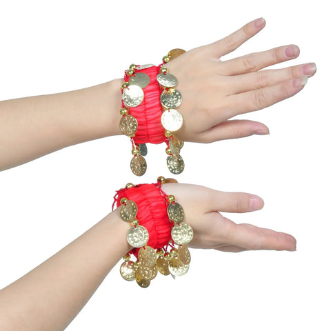 Belly Dance Wrist Ankle Cuffs Bracelets with Chiffon Gold Coins - Costume Accessories Jewelry