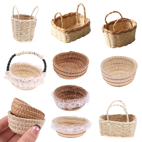 1/12 Miniature Dollhouse Handwoven Rattan Basket for Vegetables & Flowers - Adorable Dollhouse Decor Accessory