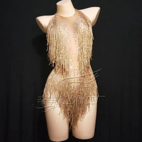 2024 Sparkly Rhinestone Fringed Bodysuit for Women - Nightclub, Dance Costume, Stage Leotard, Party Outfit