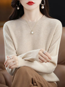 100% Merino Wool Women's O-neck Sweater Long Sleeve Pullover Jumper for Spring, Autumn, Winter Knitwear Top