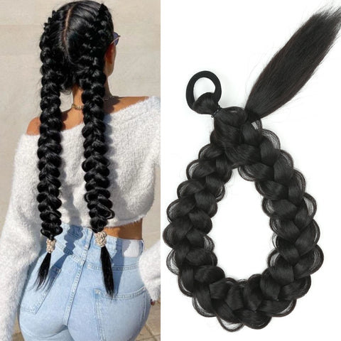 24" Braided Ponytail Extension Synthetic Black Blonde Hairpiece Elastic Band