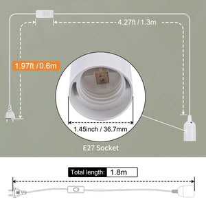 1.8m Hanging Pendant Light Fixture E26/E27 Lamp Holder Socket Cord with Switch EU/US Plug
