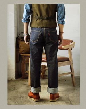Men's Relaxed Straight Fit Jeans Raw Selvedge Denim Amekaji Style Pants 55501 Red Tornado