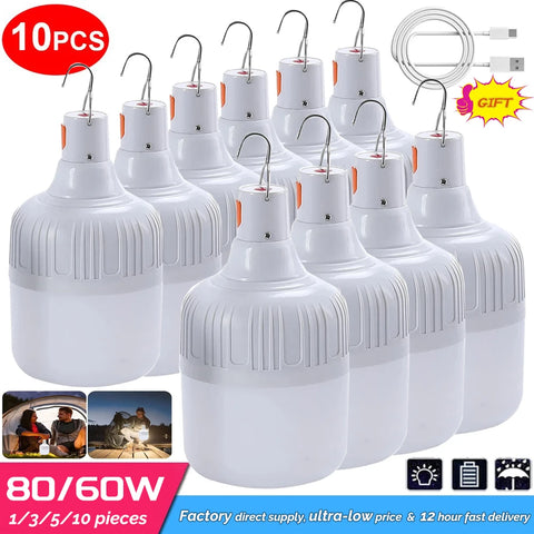 80W USB Rechargeable LED Emergency Lights - Portable Camping Lanterns for Outdoor Tents and Flashlight Use