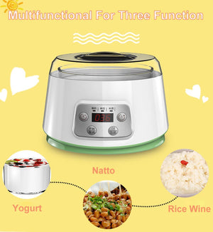 1.3L Automatic 3-in-1 Yogurt, Rice Wine, Natto Maker with Glass Liner and Constant Temperature Control