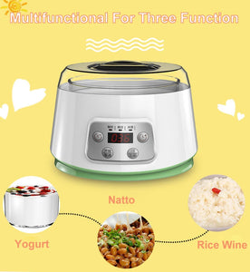 1.3L Automatic 3-in-1 Yogurt, Rice Wine, Natto Maker with Glass Liner and Constant Temperature Control