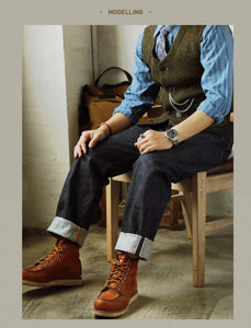 Men's Relaxed Straight Fit Jeans Raw Selvedge Denim Amekaji Style Pants 55501 Red Tornado