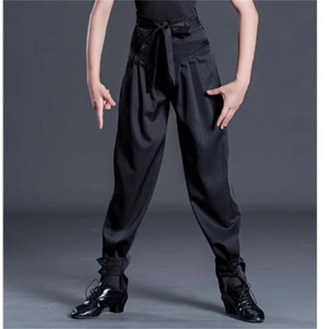 Boys Black Latin Ballroom Dance Pants with Lace-up Waist for Cha Cha/Rumba/Samba