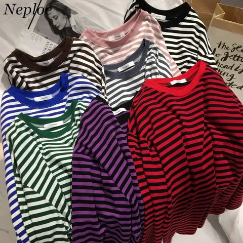 Autumn Striped Thin Pullover Sweater for Women - Medium-Long Casual O-Neck Korean Streetwear Top
