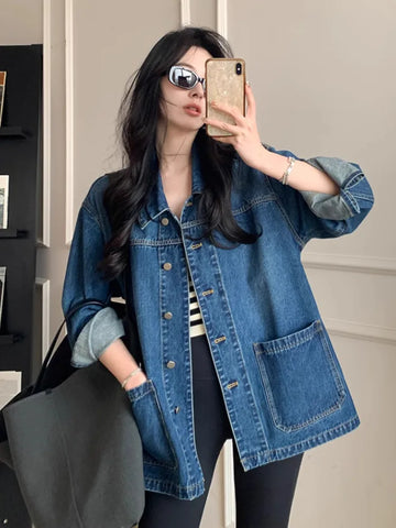 Casual Loose Denim Jacket with Pockets, Retro Turn-Down Collar, Long Sleeve, Chic All-Match Coat