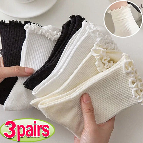 Cotton Ruffle Ankle Socks for Women - Cute Lolita Kawaii Korean Fashion Black White Mid Tube Socks