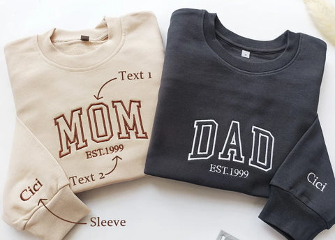 Custom Embroidered Mom & Dad Crewneck Sweatshirt, Pregnancy Announcement, Personalized Couple Shirts
