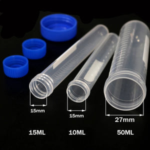 10-Pack Plastic Test Tubes with Screw Caps, 50ml/15ml/10ml, Round Bottom, Scaled, for Laboratory Samples & Centrifuge