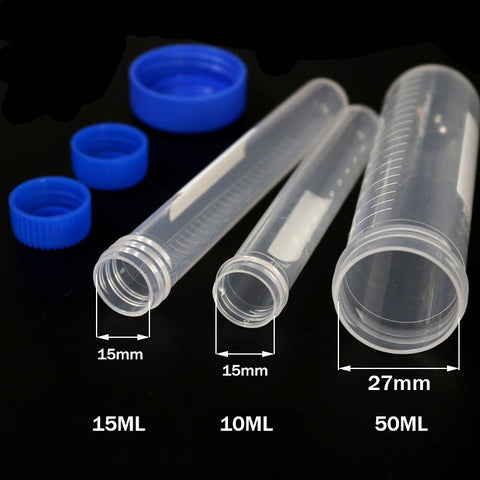 10-Pack Plastic Test Tubes with Screw Caps, 50ml/15ml/10ml, Round Bottom, Scaled, for Laboratory Samples & Centrifuge