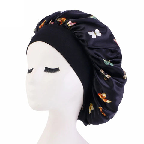 Butterfly Satin Wide Brim Sleep Cap Hair Care Turban Chemo Hat for Face Washing & Skin Care