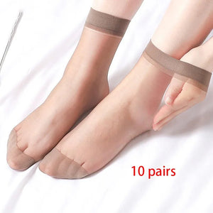 10 Pairs Transparent Thin Crystal Nylon Ankle Socks for Women Summer Fashion Skin Tone