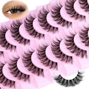 10 Pairs Wispy D Curl Faux Mink Lashes, Clear Band, Natural Fluffy Style