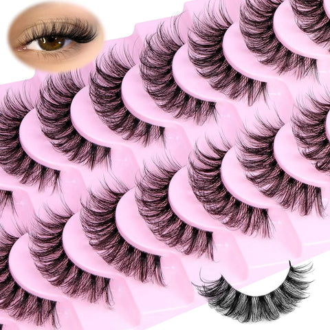 10 Pairs Wispy D Curl Faux Mink Lashes, Clear Band, Natural Fluffy Style