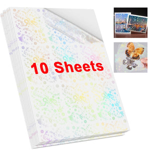10 Sheets A4 Holographic Transparent Self-Adhesive Cold Laminating Film for Crafts and Photos - Stars & Dots Pattern