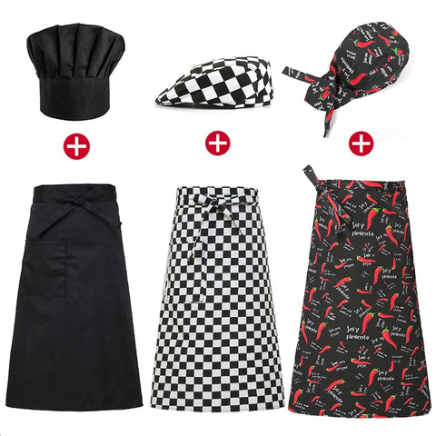 Chef Uniform Set: Apron, Catering Cap, Pinafore for Restaurant, Kitchen, Bakery, Cafe - Unisex Cooking & Waiter Hat