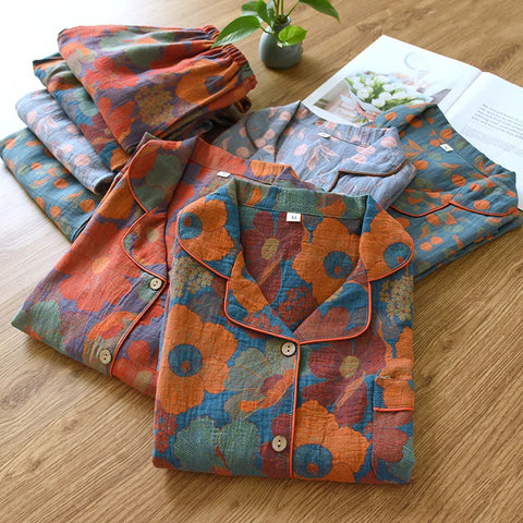 2024 Women's 100% Cotton Long Sleeve Pajama Set, Yarn-Dyed Jacquard, Vintage Style Two-Piece Sleepwear