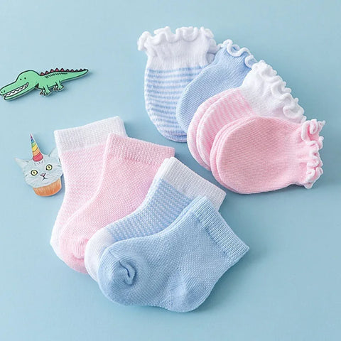 Cotton Baby Socks & Anti-Scratch Mittens Set - 4 Pair Newborn Accessories for Spring & Photo Props