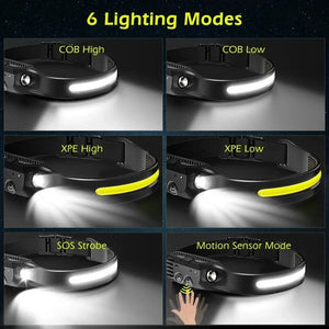 USB Rechargeable COB Induction Headlamp, Sensor Head Flashlight, Waterproof, 5 Modes, 1-10pcs