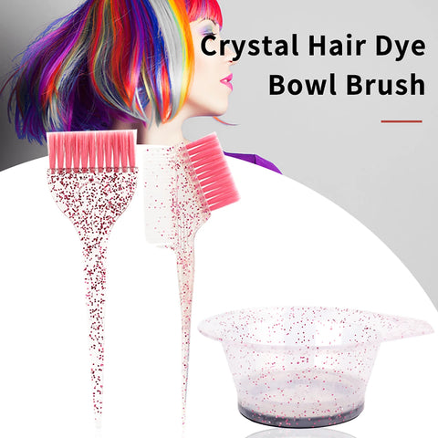 3-Piece Hair Dye Bowl & Brush Set for Real Hair Wigs, DIY Salon Tools, Crystal Sparkling Plastic Accessories