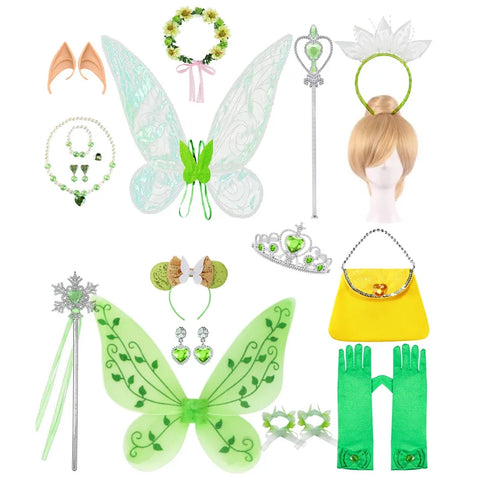 Fairy Princess Tinker Bell Costume Set: Wings, Headband, Crown, Wand, Gloves, Jewelry - Perfect for Birthday Parties