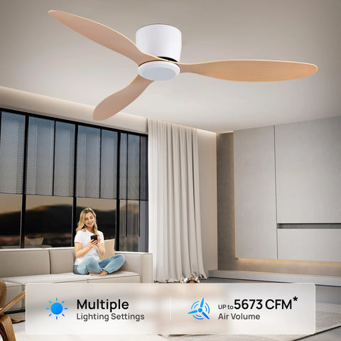 42" or 52" Ceiling Fan No Light, 6-Speed Reversible, Timer, Indoor/Outdoor, Bedroom Living Room - White/Black/Wood