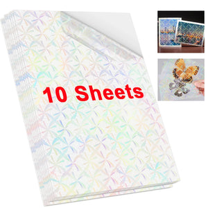 10 Sheets A4 Holographic Transparent Self-Adhesive Cold Laminating Film for Crafts and Photos - Stars & Dots Pattern