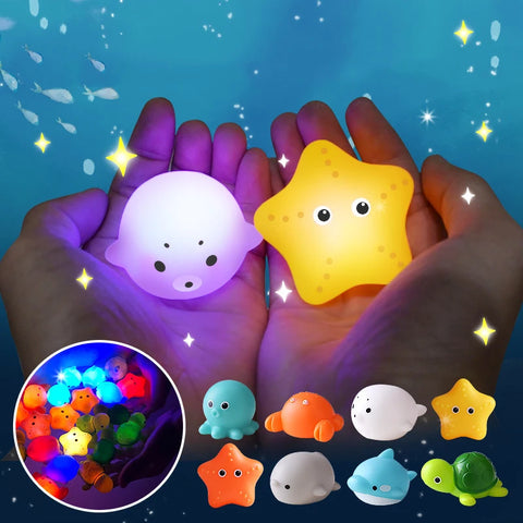 Glow Animal Bath Toy Set with Lights & Floating Fishing Net for Baby Bath Time Fun