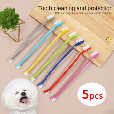5pc Long Handle Double-Head Pet Toothbrush Set Dog Cat Teeth Cleaning Oral Care Soft Bristles