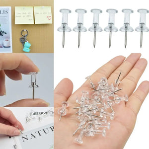 100pcs Clear Push Pins Thumb Tacks for Map & Bulletin Boards, Transparent Drawing Pins for Cork Notice Boards