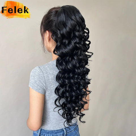 24" Black Wavy Ponytail Extension - Long Synthetic Drawstring Clip-in Hairpiece, Blonde Curly for Women