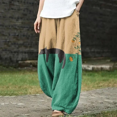 Black Cat Art Print Wide Leg Trousers - Kawaii Harajuku Loose Pocket Casual Pants