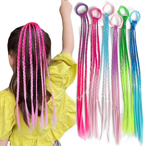 Colorful Synthetic Braided Hair Extensions with Rubber Bands - Rainbow Ponytail Hairpieces Accessories