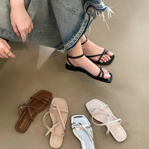2025 Summer Gladiator Women's Sandals - Elegant Narrow Band Clip Toe Flats for Beach Comfort