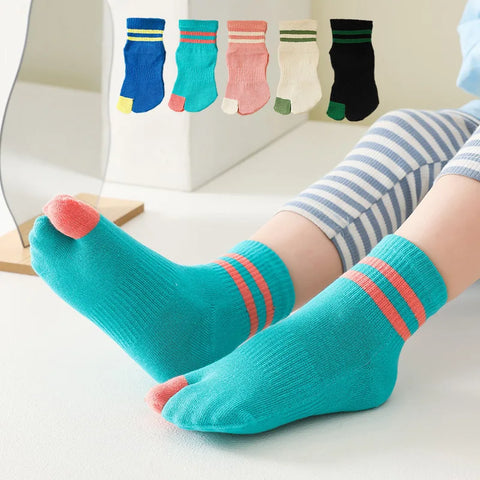 5 Pairs Kids Striped Tabi Socks Split Toe Mid-Tube Two Finger Socks Cute for Babies and Students